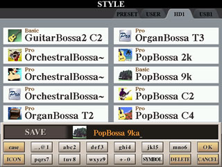 STYLE screen shown saving style as PopBossa 9ka